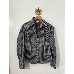 Lilly Pulitzer Gingham Plaid Ruffle Button Down Blouse Size 4 Navy & Red Accents